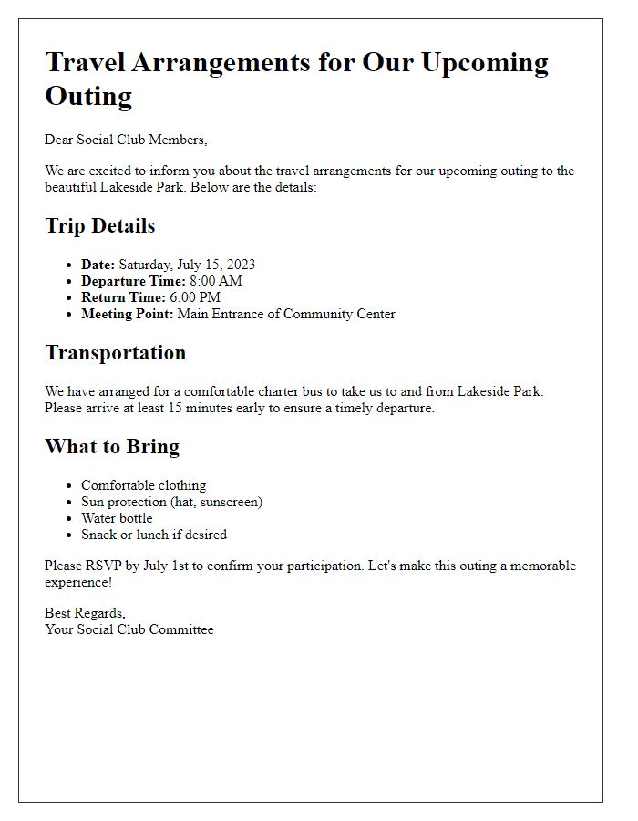 Letter template of travel arrangements for social club outing.