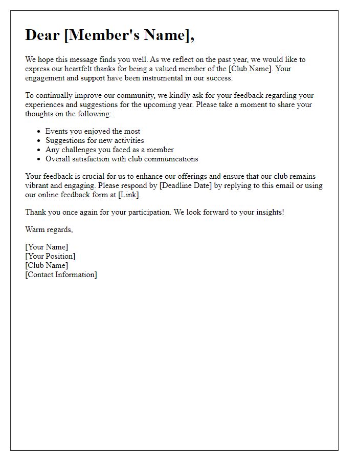 Letter template of social club annual member engagement feedback