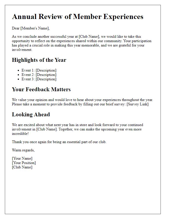 Letter template of social club annual review of member experiences