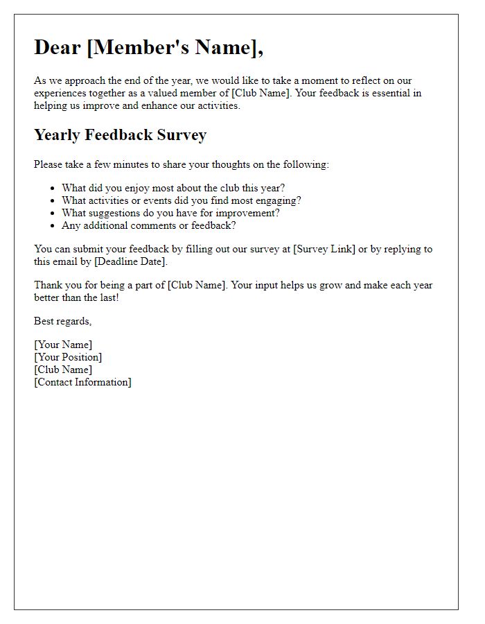 Letter template of social club yearly feedback collection for members