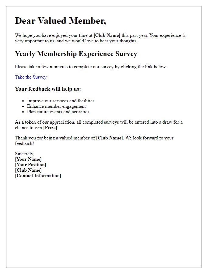 Letter template of social club yearly membership experience survey