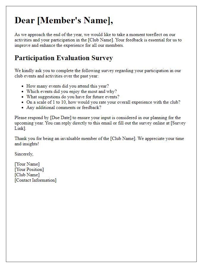 Letter template of social club yearly participation evaluation survey