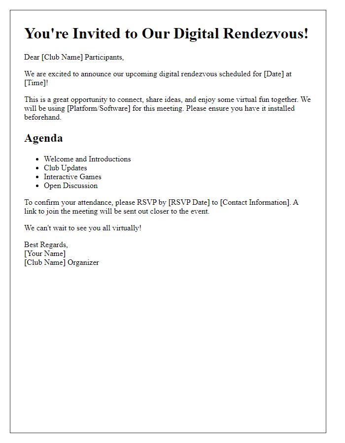 Letter template of digital rendezvous announcement for social club participants.