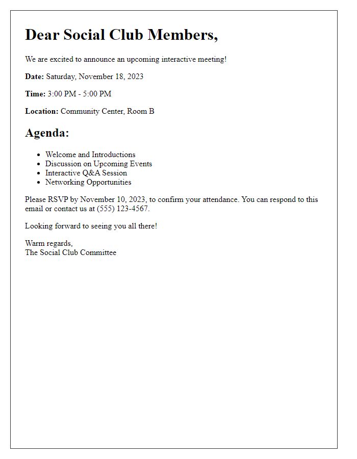 Letter template of interactive meeting announcement for social club members.