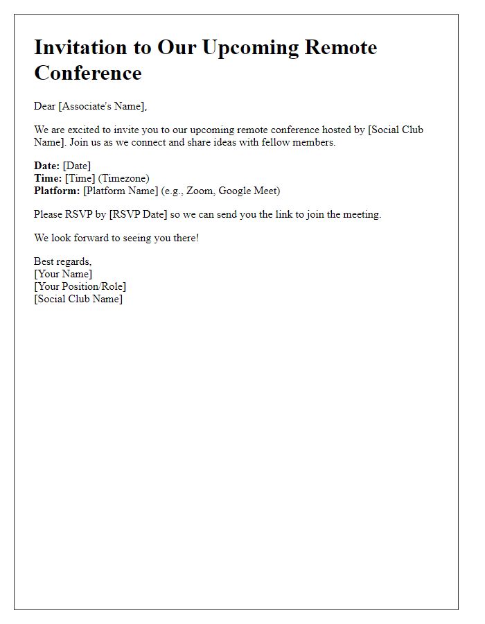 Letter template of remote conference invitation for social club associates.