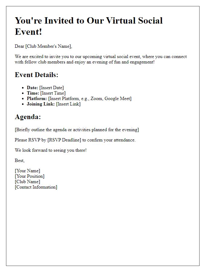 Letter template of virtual social event invitation for club members.