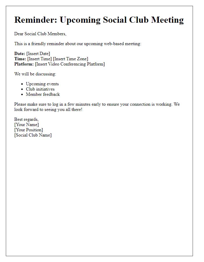 Letter template of web-based meeting reminder for social club attendees.