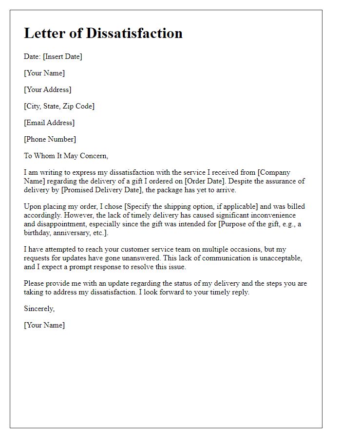 Letter template of dissatisfaction with gift delivery service