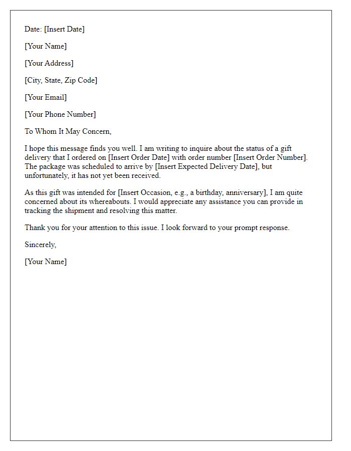 Letter template of inquiry about missing gift delivery