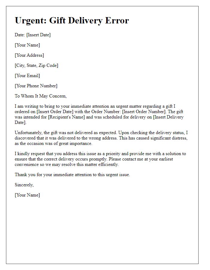 Letter template of urgency regarding gift delivery error