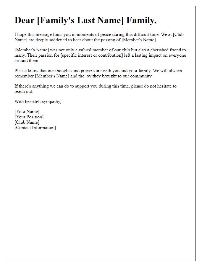 Letter template of empathy for the family of a club member who has passed