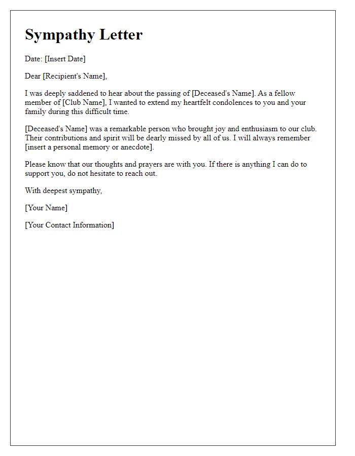 Letter template of sympathy for the passing of a fellow club member