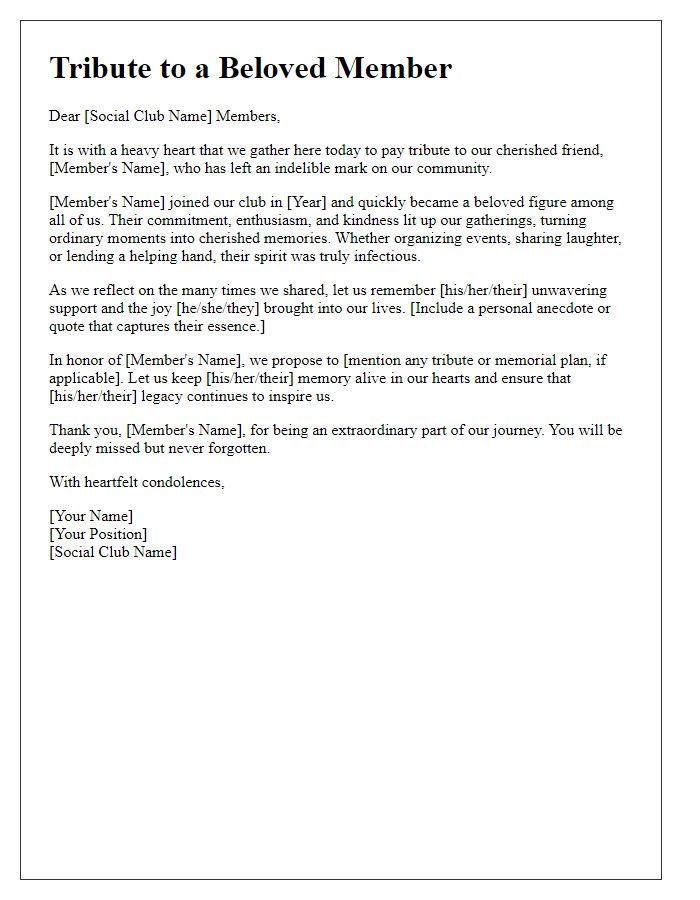 Letter template of tribute for a beloved social club member