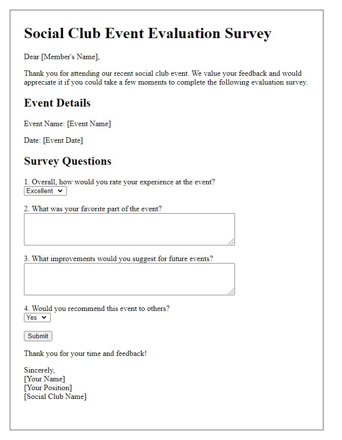 Letter template of social club event evaluation survey