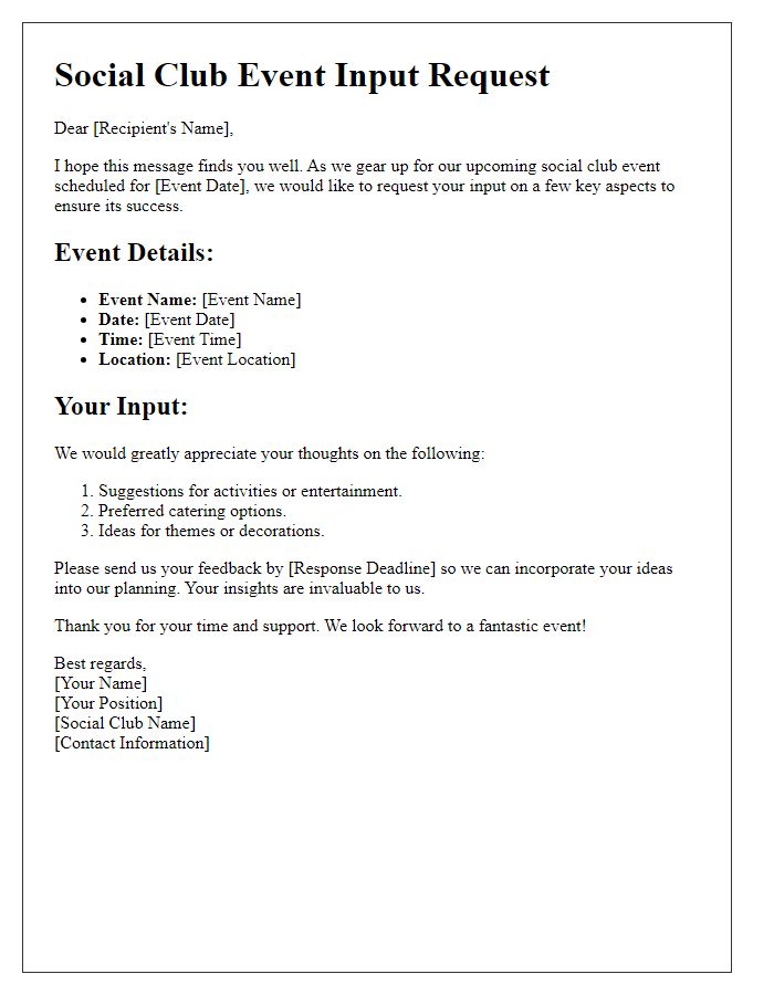 Letter template of social club event input request