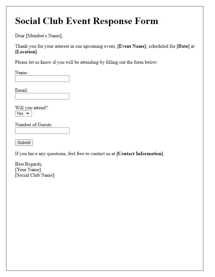 Letter template of social club event response form