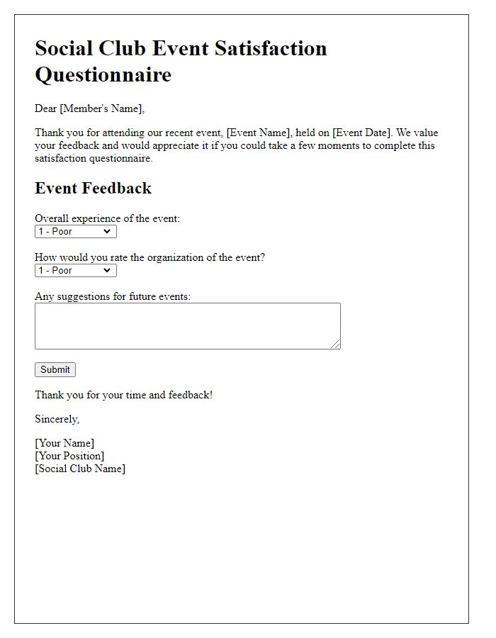 Letter template of social club event satisfaction questionnaire