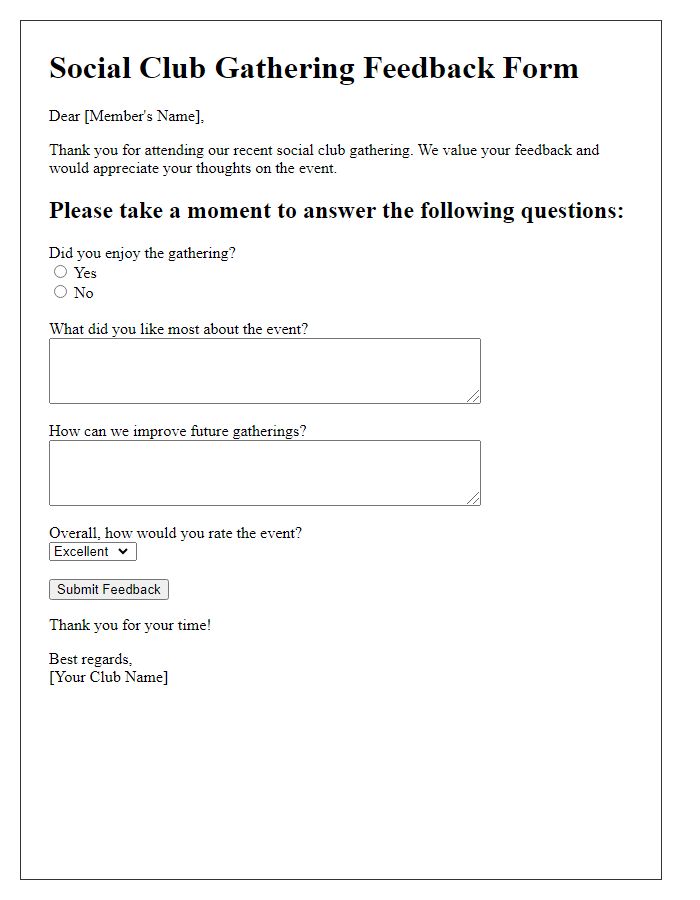 Letter template of social club gathering feedback form