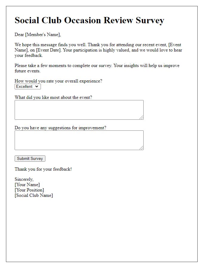 Letter template of social club occasion review survey