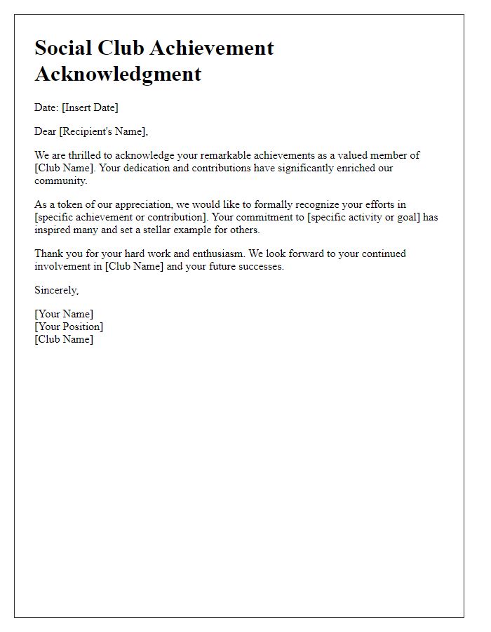 Letter template of Social Club Achievement Acknowledgment