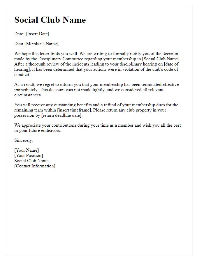 Letter template of social club member expulsion after a disciplinary review.