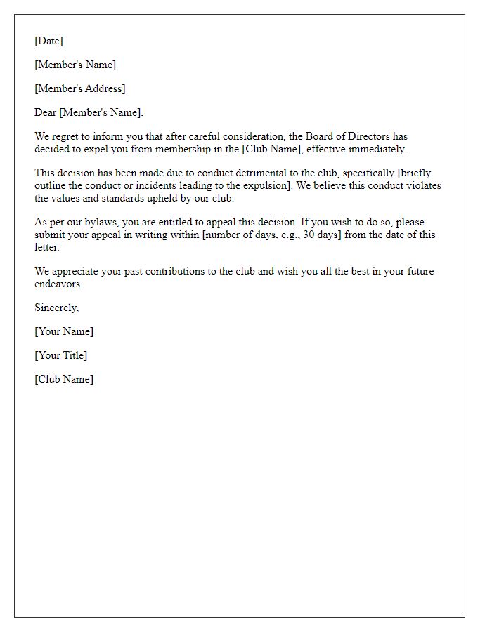 Letter template of social club member expulsion because of conduct detrimental to the club.