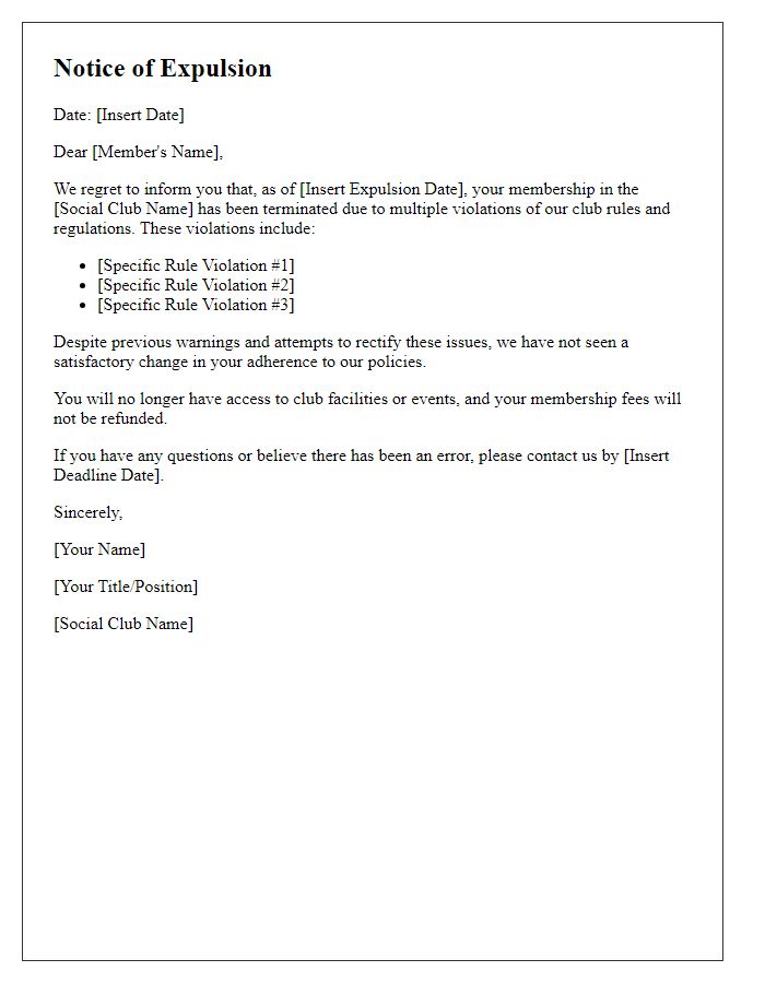 Letter template of social club member expulsion due to failure to adhere to rules.