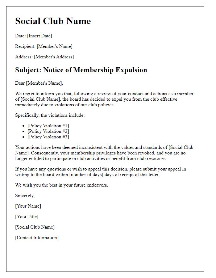 Letter template of social club member expulsion due to policy violations.