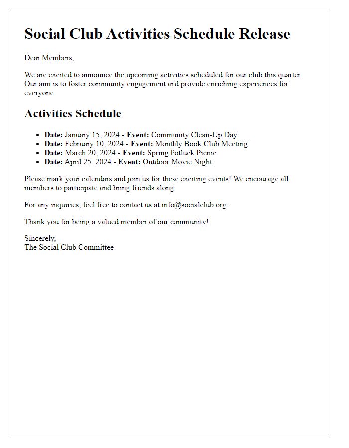 Letter template of social club informational release for activities schedule.