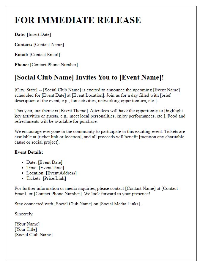 Letter template of social club media release for event promotion.