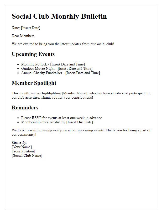 Letter template of social club news bulletin for member updates.