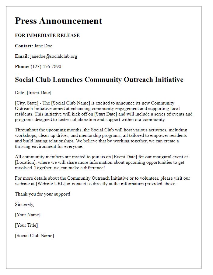 Letter template of social club press announcement for community outreach.