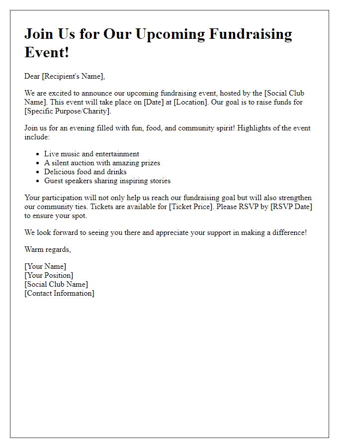 Letter template of social club promotional release for fundraising events.