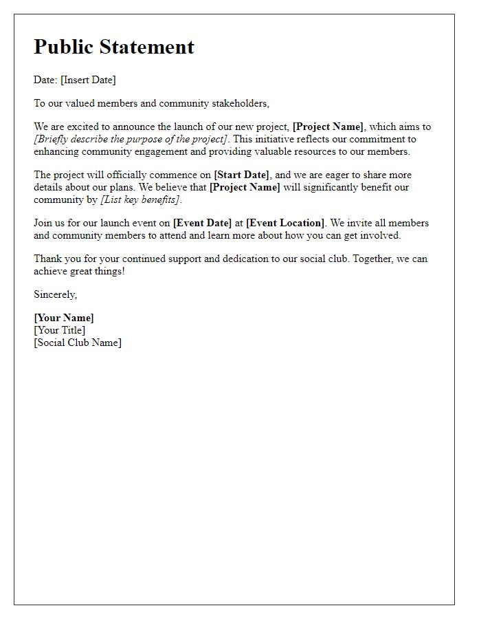 Letter template of social club public statement for project launches.