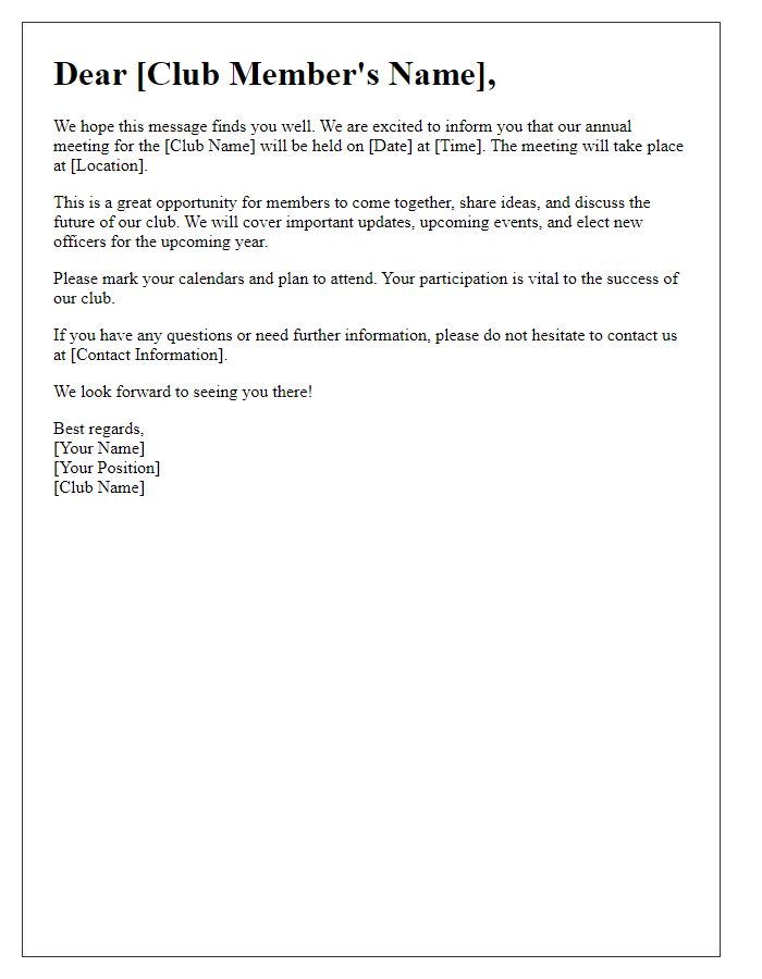 Letter template of social club update letter for annual meeting notifications.