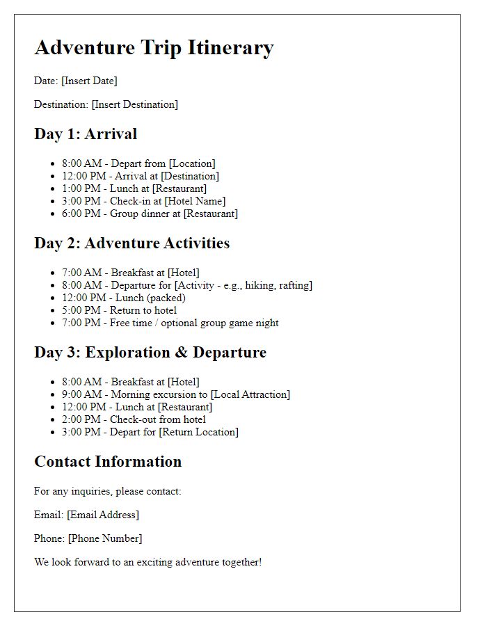 Letter template of social club travel itinerary for adventure trip