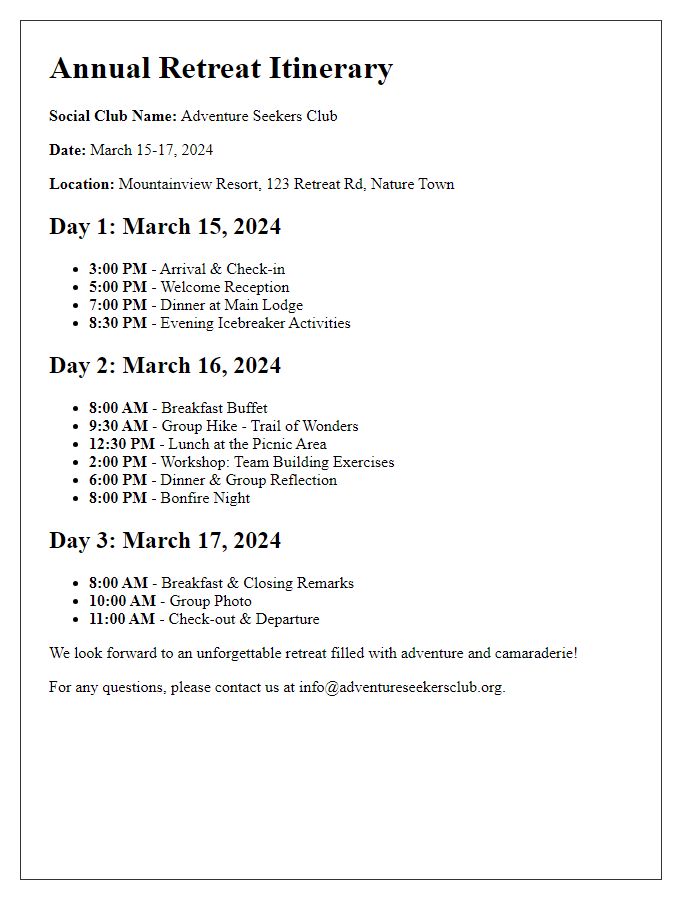 Letter template of social club travel itinerary for annual retreat