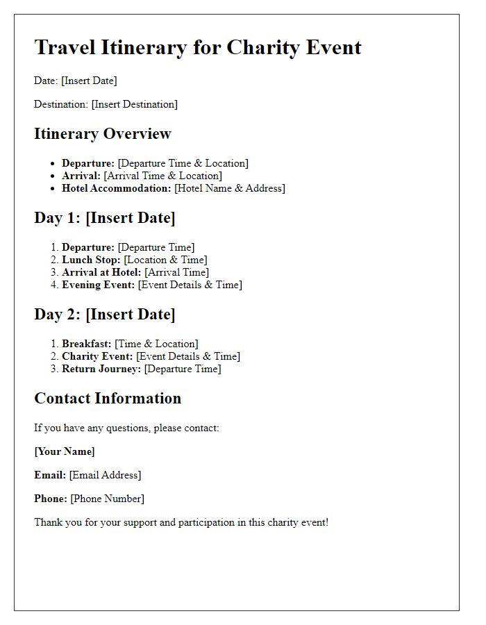 Letter template of social club travel itinerary for charity event