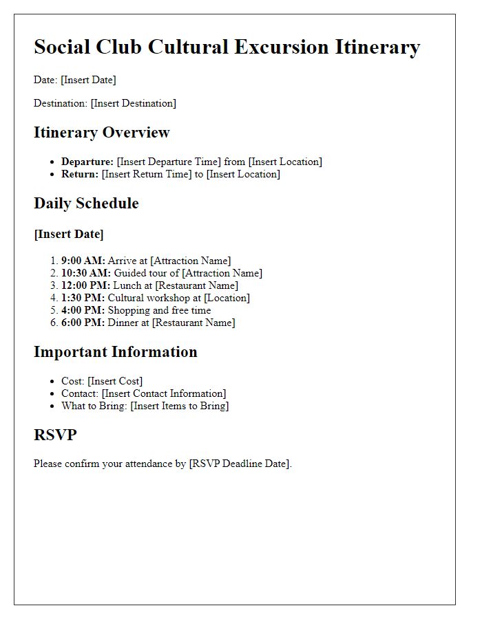 Letter template of social club travel itinerary for cultural excursion