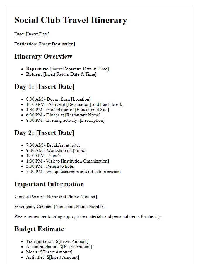 Letter template of social club travel itinerary for educational trip