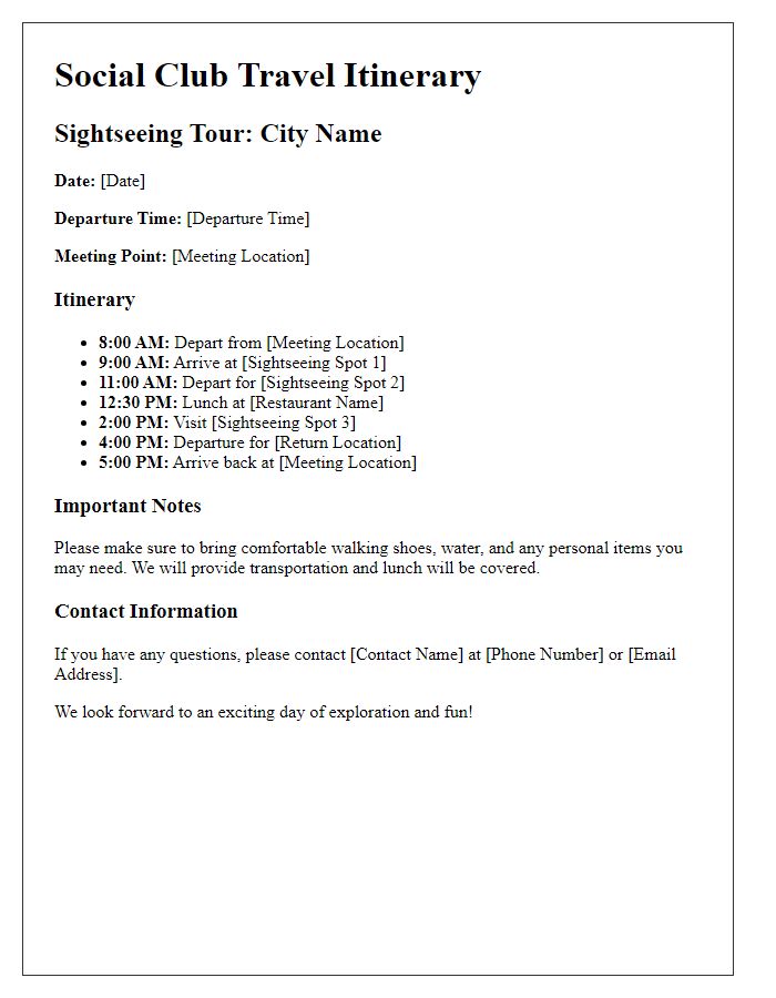 Letter template of social club travel itinerary for sightseeing tour