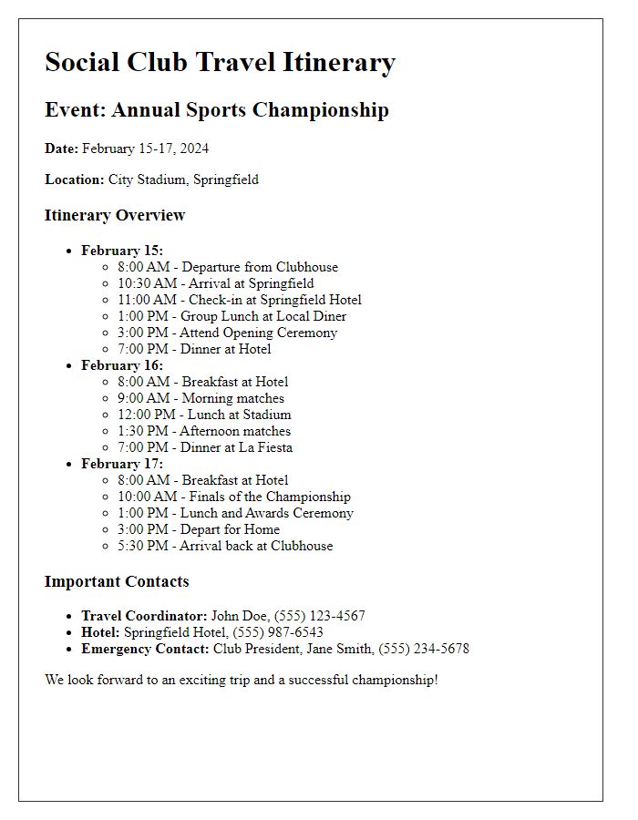 Letter template of social club travel itinerary for sports event