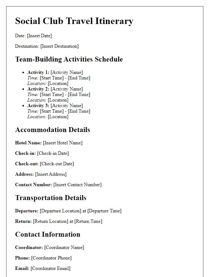 Letter template of social club travel itinerary for team-building activities