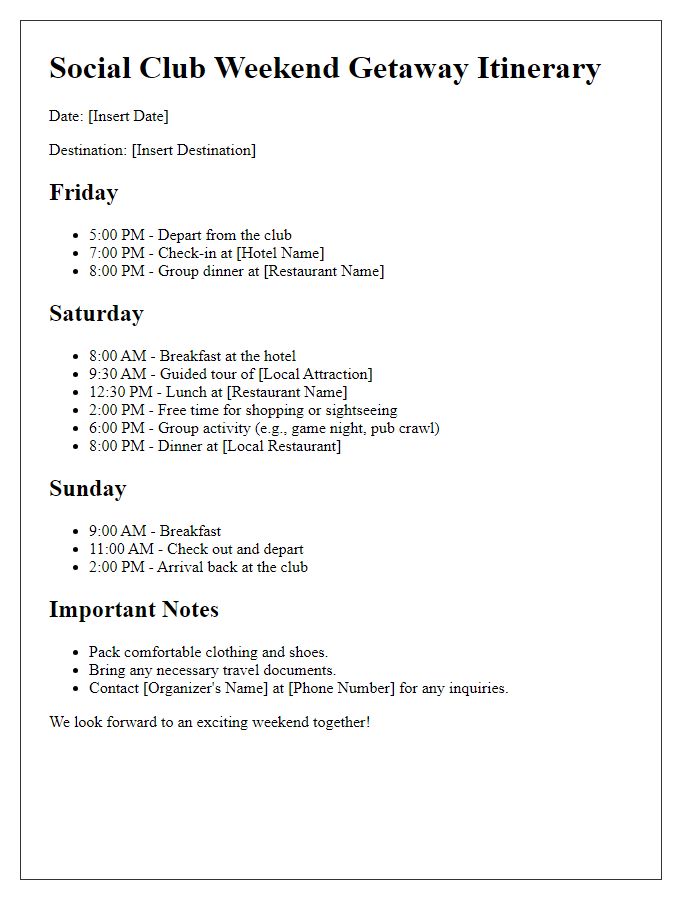 Letter template of social club travel itinerary for weekend getaway