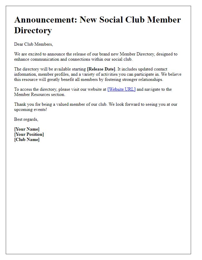 Letter template of announcement for new social club member directory release