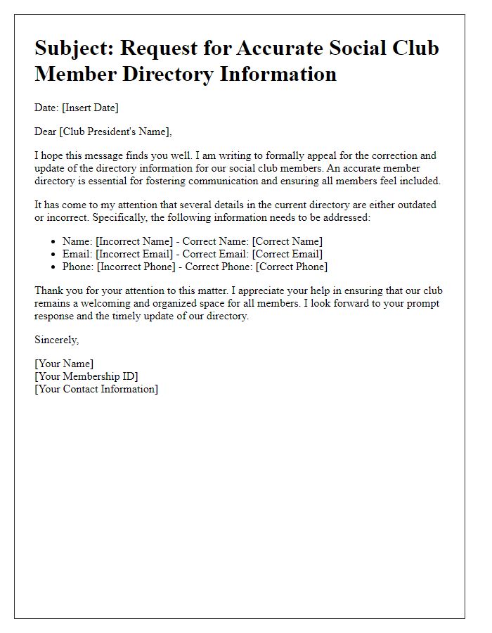 Letter template of appeal for accurate social club member directory information