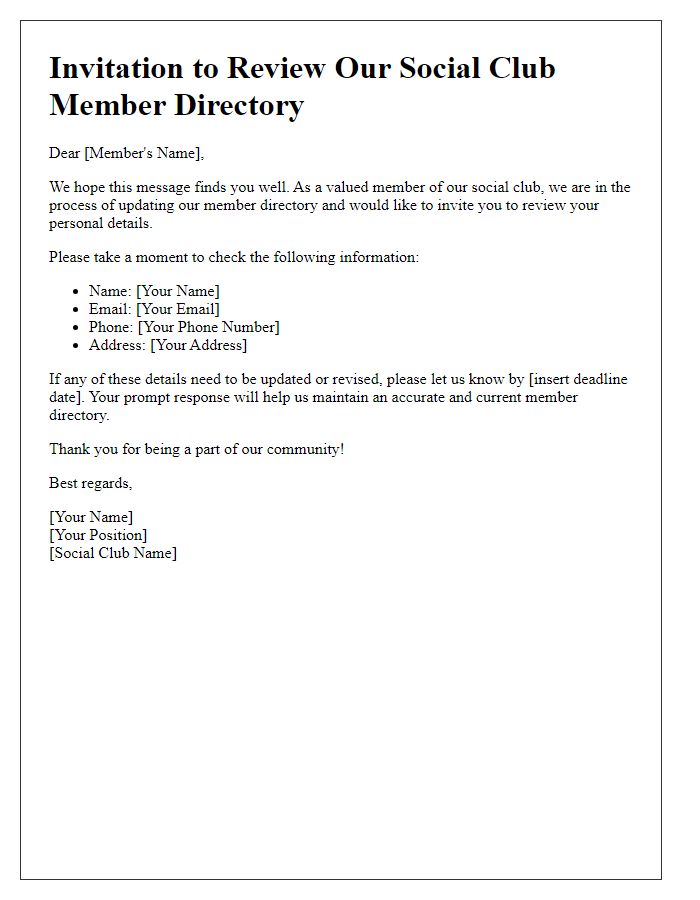 Letter template of invitation to review social club member directory details