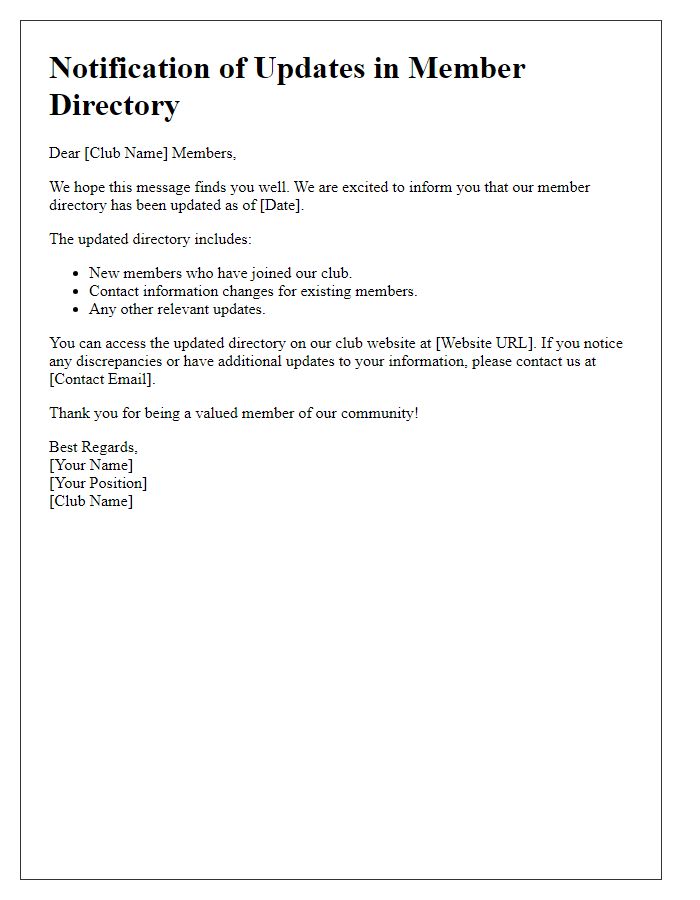 Letter template of notification for updates in social club member directory
