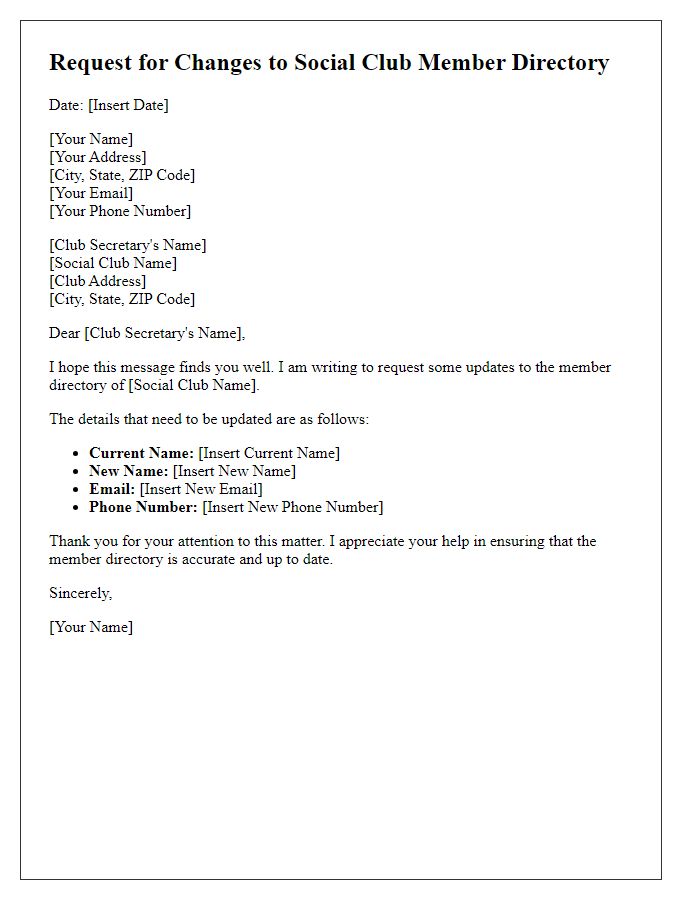 Letter template of request for social club member directory changes