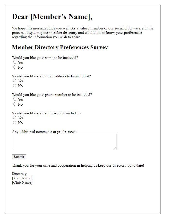 Letter template of survey for social club member directory preferences